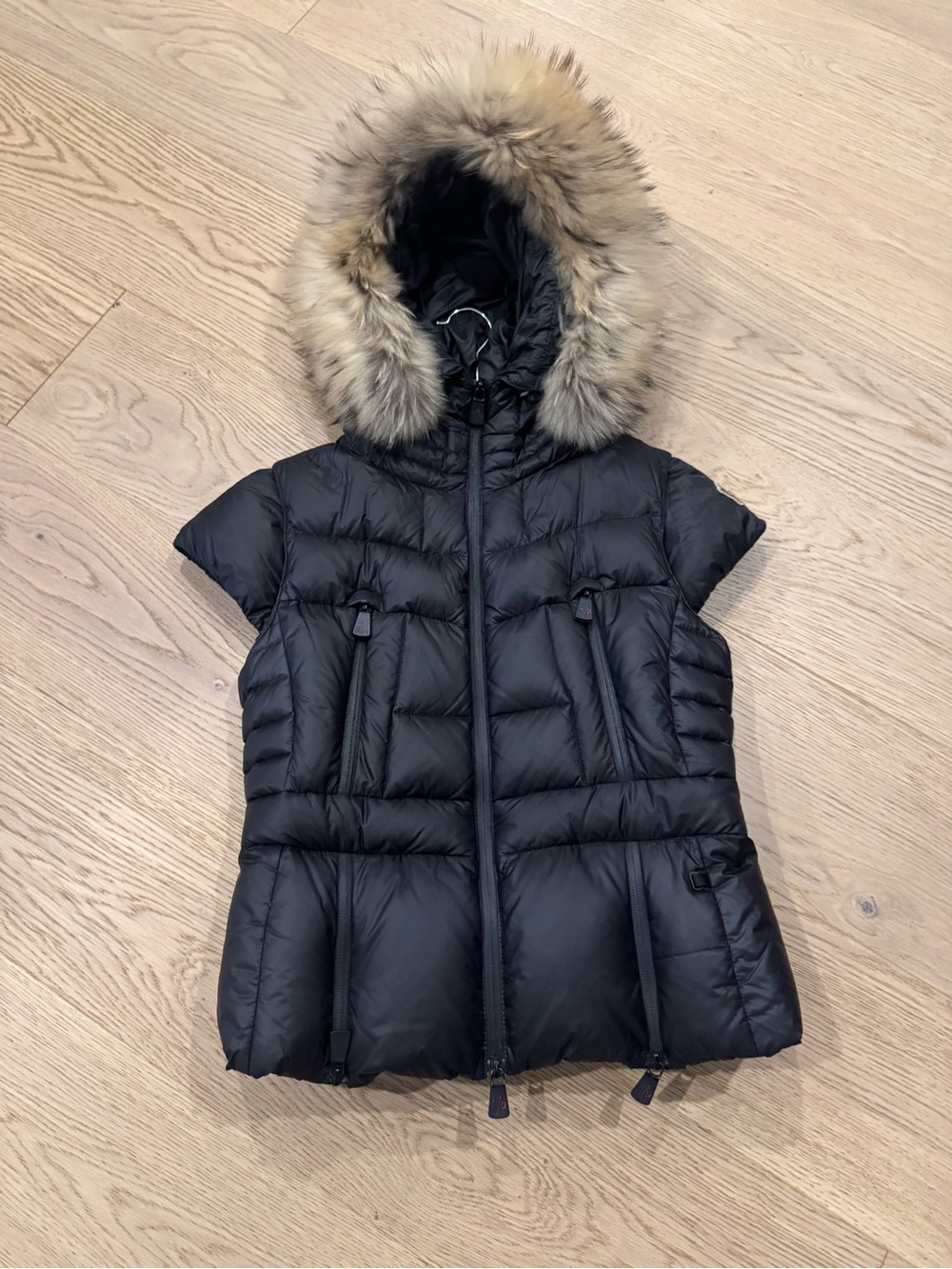 Moncler Black Short Puffer Vest with Fur-Trim Hood